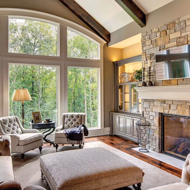 Living room interior with white replacement windows