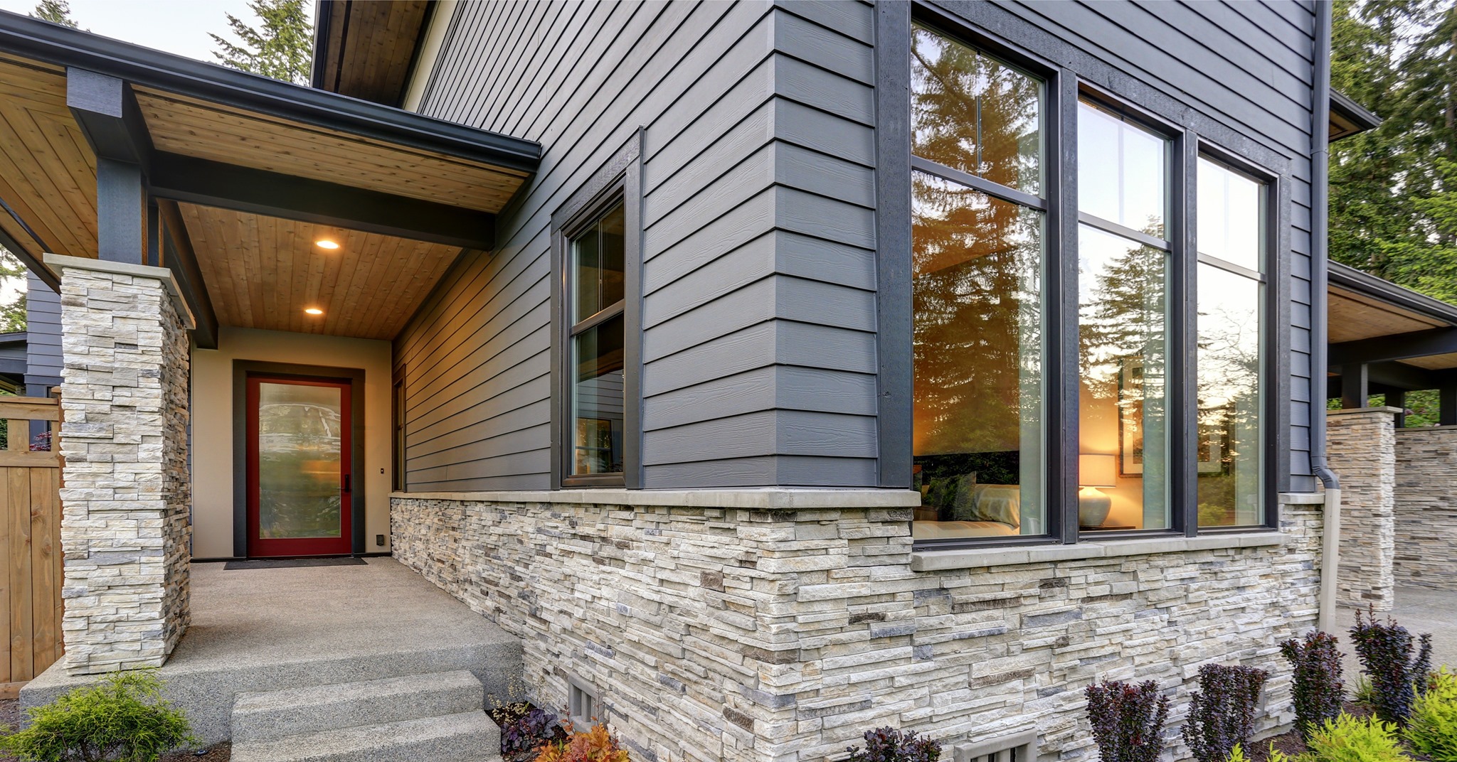 Modern home with large picture windows